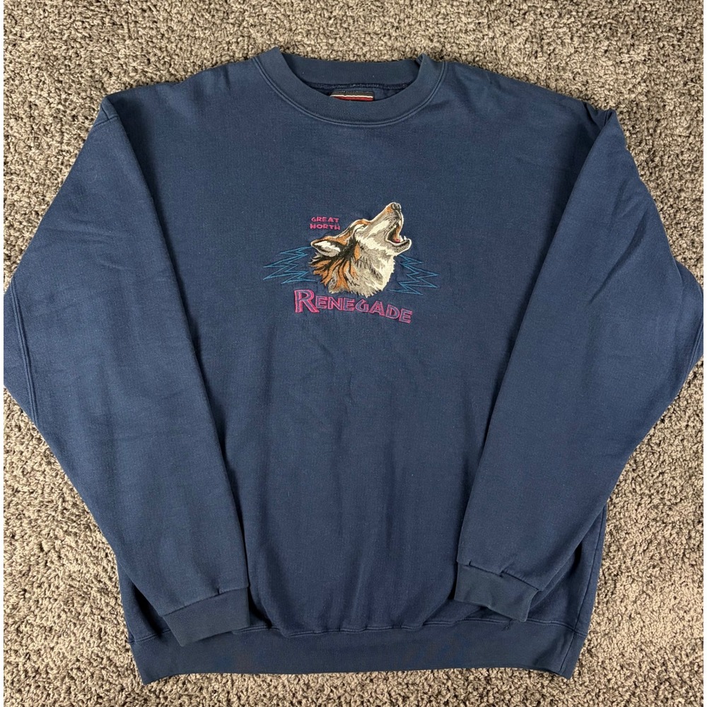 Vintage 90s Headwaters Wolf Sweatshirt Great North Renegade Navy Blue XXL